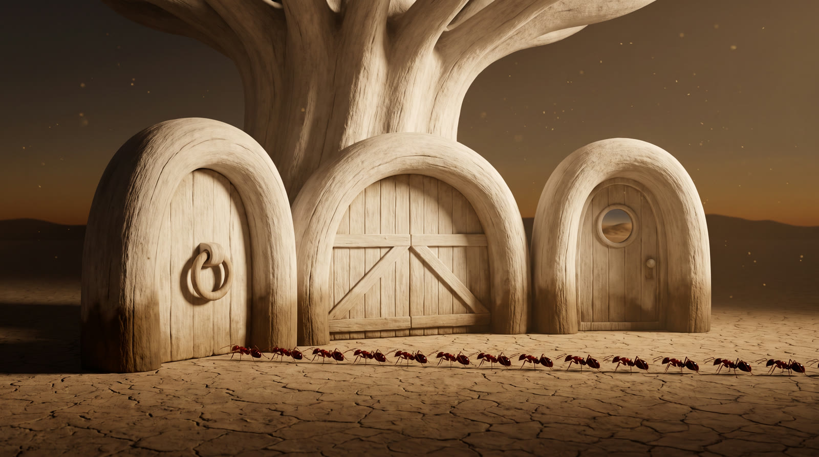 Ilustración: tres puertas distintas en las raíces del árbol de Retrahtos y una fila de hormigas pequeñas que las recorre.