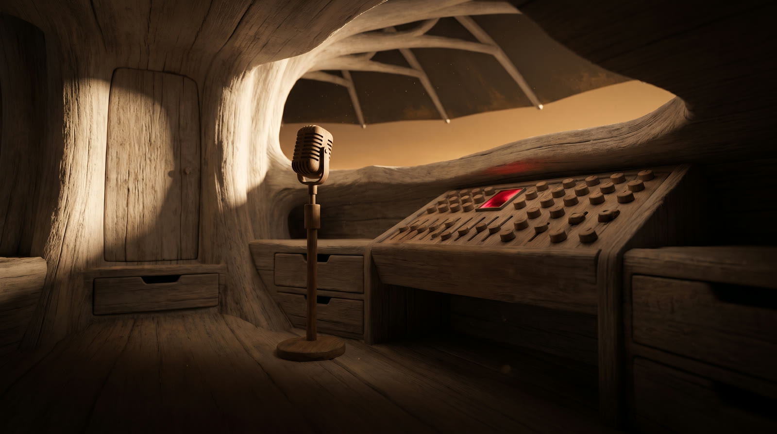 Ilustración: una cabina de grabación dentro del tronco del árbol de Retrahtos, con micrófono y consola de madera.