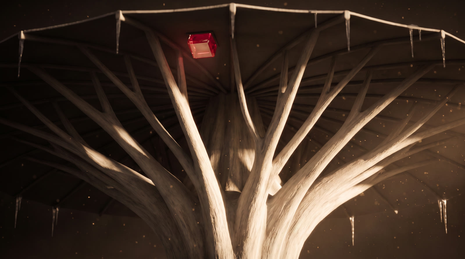 Ilustración: la copa del árbol de Retrahtos vista desde abajo, costillas de madera y un cubo de rubí entre dos de ellas.
